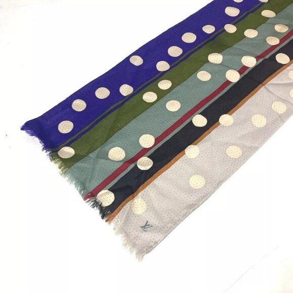 LOUIS VUITTON Dot polka dots LV logo Fringe Scarf Stole/Shawl silk Beige/purple - Picture 2 of 10